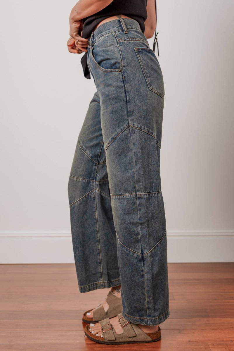 Sail Blue Exposed Stitching Loose Straight High Waist Jeans - Love Salve